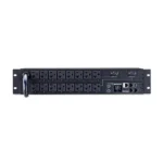 Front view of a 2U horizontal monitored PDU featuring a rotatable, color-configurable LCD and 16 NEMA 5-20R outlets.