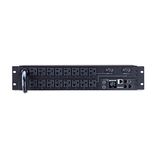 Front view of a 2U horizontal monitored PDU featuring a rotatable, color-configurable LCD and 16 NEMA 5-20R outlets.
