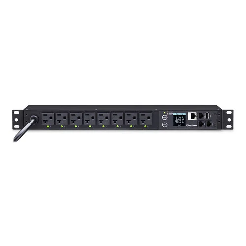 Front view of a 1U horizontal switched PDU featuring 8 NEMA 5-20R outlets and a digital local load meter.