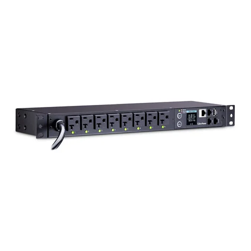 Side view highlighting the 1U rackmount height and the network interface for remote individual outlet control.