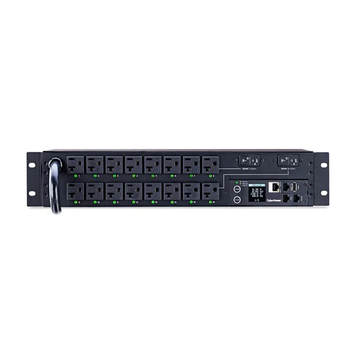 Front view of a 2U horizontal switched PDU featuring 16 NEMA 5-20R outlets and a multifunction digital status display.