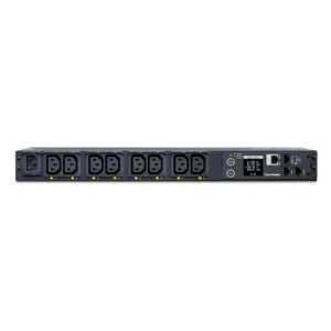 Front view of a 1U switched PDU featuring 8 IEC C13 outlets and a digital multifunction status display.