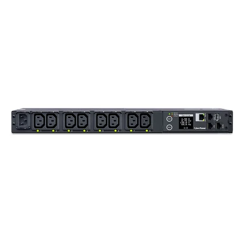 Front view of a 1U switched PDU featuring 8 IEC C13 outlets and a digital multifunction status display.