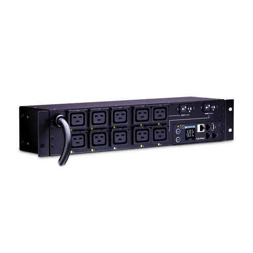 Side view highlighting the network management port and the heavy-duty input power cord with a NEMA L6-30P plug.