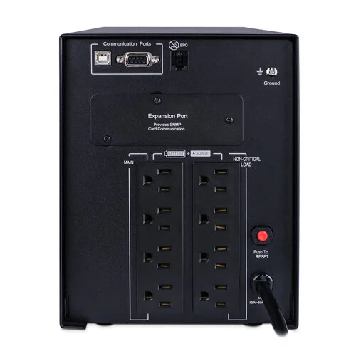 Rear view showing 8 NEMA 5-15R outlets and a specialized slot for an RMCARD network management interface.