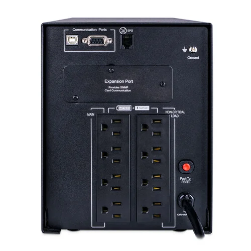 Rear view showing 8 NEMA 5-15R outlets, an RMCARD expansion slot, and high-speed data line protection ports.
