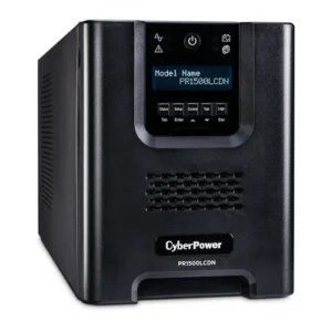 Front view of a mini-tower UPS featuring a removable and extendable LCD control panel with a 4.5-ft cable.