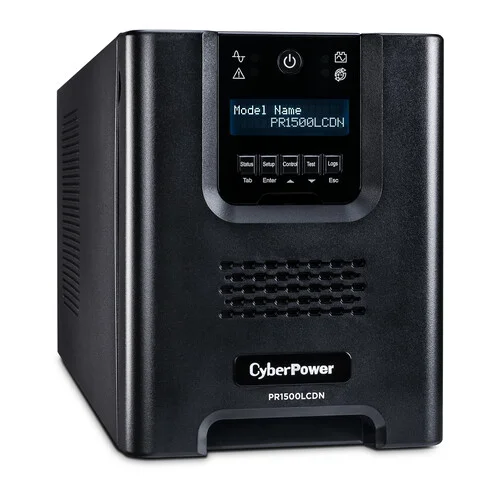 Front view of a mini-tower UPS featuring a removable and extendable LCD control panel with a 4.5-ft cable.