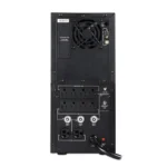 Rear view showing 8 NEMA 5-15R and 2 NEMA 5-20R outlets, a serial/USB communication port, and an RMCARD expansion slot.