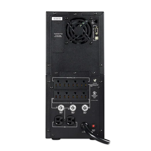 Rear view showing 8 NEMA 5-15R and 2 NEMA 5-20R outlets, a serial/USB communication port, and an RMCARD expansion slot.