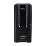 Front view of a PR2200LCD tower UPS featuring a large, blue backlit multifunction LCD screen and a professional matte black finish.