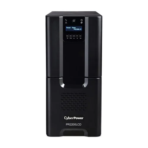 Front view of a PR2200LCD tower UPS featuring a large, blue backlit multifunction LCD screen and a professional matte black finish.