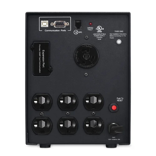 Rear view showing the high-density outlet array, battery expansion port, and the circuit breaker reset.