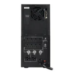 Rear view showing a high-density outlet array, battery expansion port, and dedicated communication interfaces.