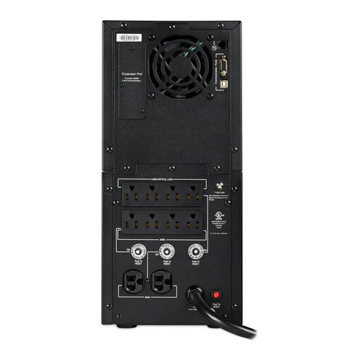 Rear view showing a high-density outlet array, battery expansion port, and dedicated communication interfaces.