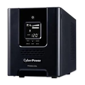 Front view of a 3000VA Smart App Sinewave tower UPS with a large LCD screen and LED status indicators.