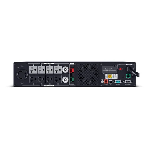 Rear view showing 8 NEMA 5-20R and 1 NEMA L5-30R outlets, plus a port for an external battery module.