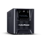 Front view of a 750VA Smart App Sinewave tower UPS showing a multifunction LCD and two front USB charging ports.