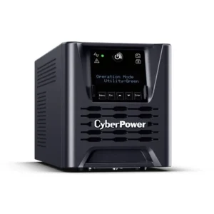 Front view of a 750VA Smart App Sinewave tower UPS showing a multifunction LCD and two front USB charging ports.