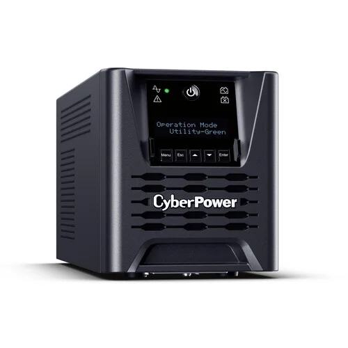 Front view of a 750VA Smart App Sinewave tower UPS showing a multifunction LCD and two front USB charging ports.