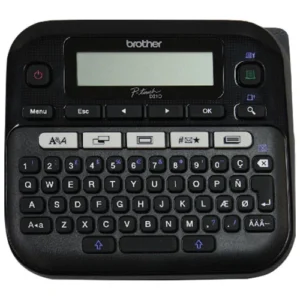 Front view of Brother PT-D210BK handheld label maker showing screen and keyboard