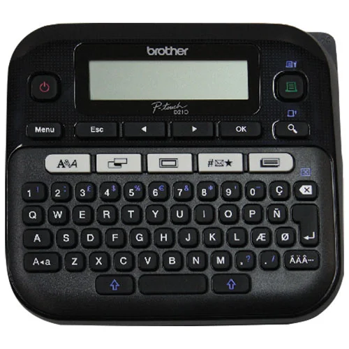 Front view of Brother PT-D210BK handheld label maker showing screen and keyboard