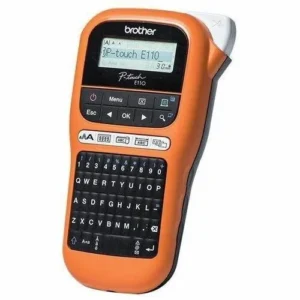Front view of Brother PTE110VP handheld industrial label maker kit showing device and case