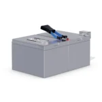 Front view of the RB12120X2B cartridge showing two 12V/12Ah large-capacity batteries pre-wired for installation.