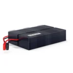 Side view showing the rectangular footprint of the four-battery cluster and the protective terminal insulation.