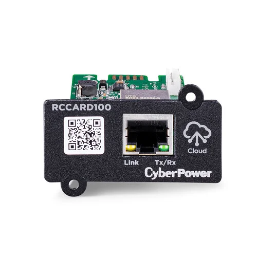 Front view of the Cloud Monitoring Card featuring an RJ45 Ethernet port and green diagnostic LED indicator lights.