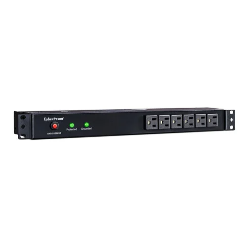 Front view of a 1U RackBar showing 6 front-facing outlets and a 3600-joule surge protection LED.