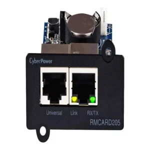 Front view of the RMCARD205 Remote Management Card showing the Ethernet port and status/link LED indicators.