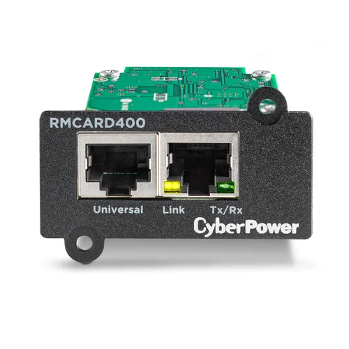 Front view of the TAA-compliant RMCARD400 network management card showing the RJ45 port and status LEDs.