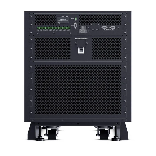 Rear view showing the industrial hardwire terminal blocks and the modular fan assemblies for thermal control.