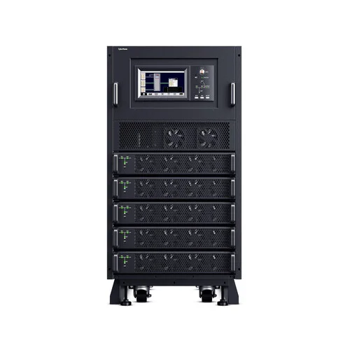 Front view of a 3-Phase Modular Smart App Online UPS cabinet featuring a large color touchscreen interface.
