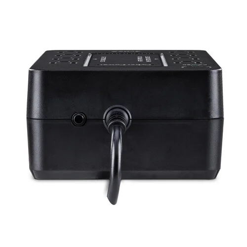 Side view highlighting the slim profile and the circuit breaker reset button on the side panel.