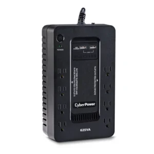 Top/Front view of a compact "brick" UPS featuring 8 total outlets (4 battery, 4 surge) and two 2.1A USB charging ports.