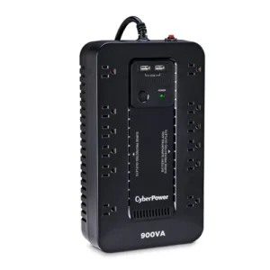Front view of a 900VA standby UPS showing 12 outlets (6 battery, 6 surge) on the top face and a USB charging port.