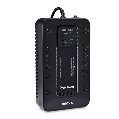 Front view of a 900VA standby UPS showing 12 outlets (6 battery, 6 surge) on the top face and a USB charging port.