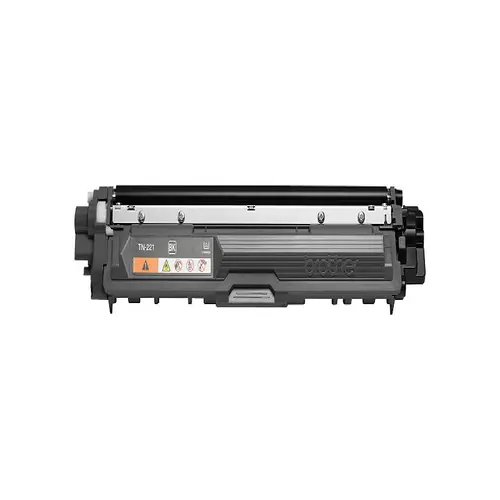 Front view of Brother TN221BK black toner cartridge with branding and label