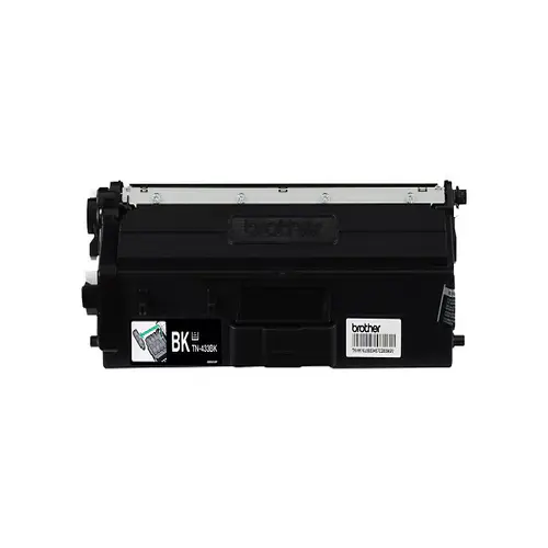 Front view of Brother TN433BK high-yield black toner cartridge with label