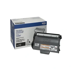 Front view of Brother TN750 high-yield black toner cartridge with product label
