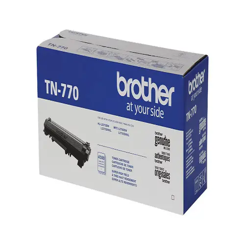 Side view of Brother TN770 toner cartridge highlighting extended cartridge profile