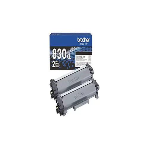 Front view of Brother TN830XL2PK twin pack high-yield black toner cartridges with packaging label