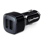 Front view of a compact black 12V DC car charger featuring two USB-A ports with a 3.1A shared output.
