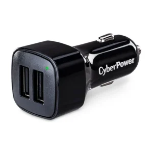 Front view of a compact black 12V DC car charger featuring two USB-A ports with a 3.1A shared output.