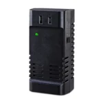 Front view of the international travel adapter featuring universal socket compatibility and a USB Type-A and Type-C port.