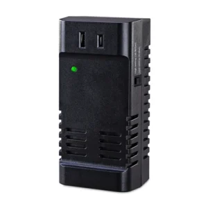 Front view of the international travel adapter featuring universal socket compatibility and a USB Type-A and Type-C port.