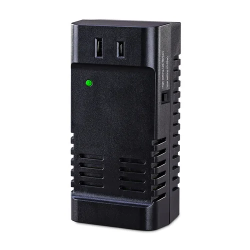 Front view of the international travel adapter featuring universal socket compatibility and a USB Type-A and Type-C port.