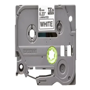 Front view of Brother TZe-211 black on white laminated label tape cassette with label